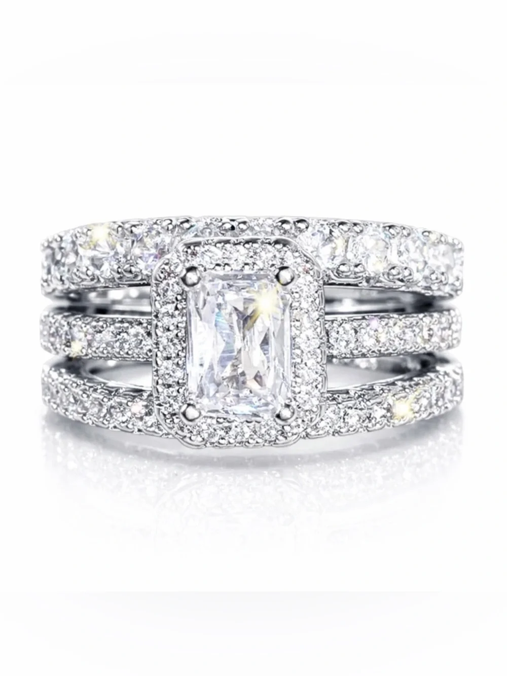Engagement & Wedding Ring Set - Sz 6, Sparkling CZ 18k White Gold 3pcs